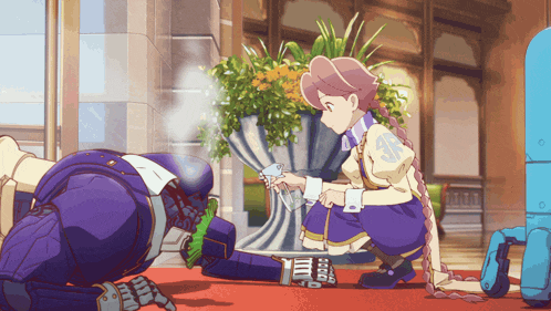 a cartoon of a girl kneeling down next to a man with a purple suit