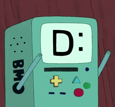 a cartoon character named bmo from adventure time holds up his hands