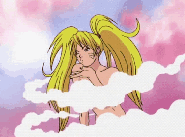 a naked anime character is surrounded by clouds .