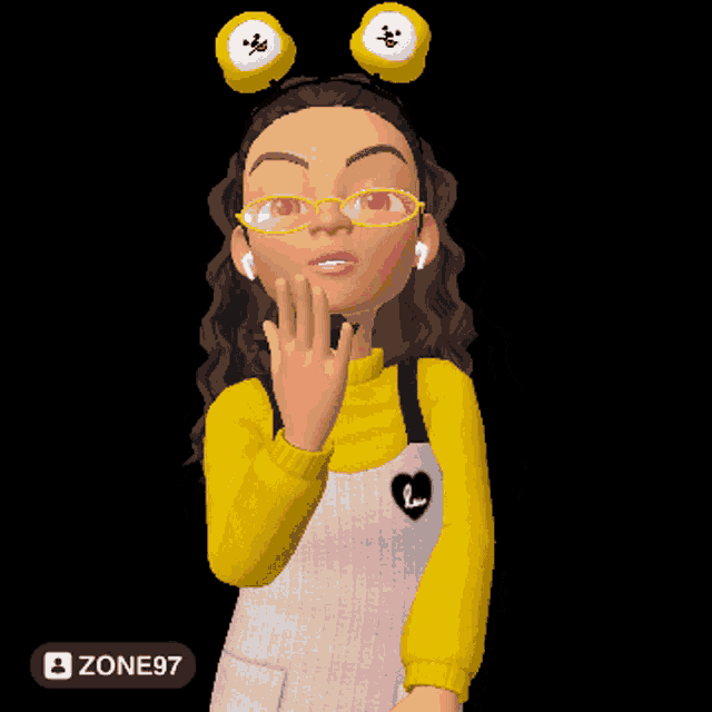 a cartoon girl wearing a yellow sweater and overalls is blowing a kiss and has a zone97 sticker on the bottom