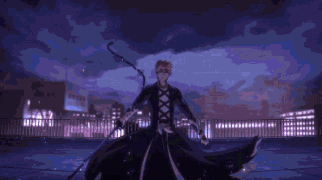a person in a black dress is holding a purple and white sword