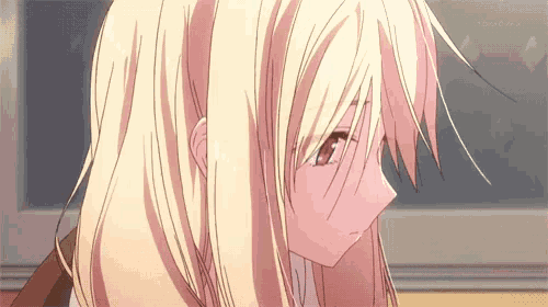 a close up of a blonde anime girl with long hair
