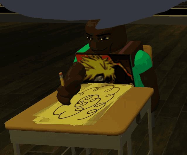 a cartoon character is sitting at a desk with a pencil and drawing on a piece of paper