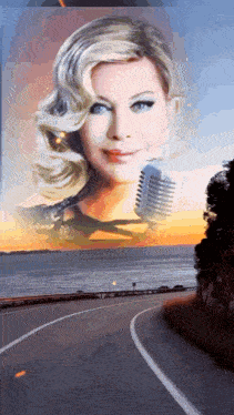 a painting of a woman holding a microphone in front of the ocean