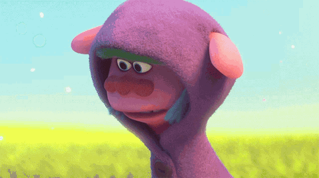 a cartoon character wearing a purple hooded jacket