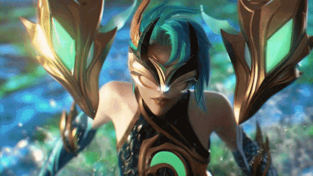 a woman with blue hair is wearing a mask and has wings
