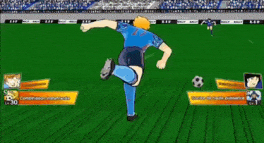 a cartoon of a soccer player kicking a soccer ball in a video game .