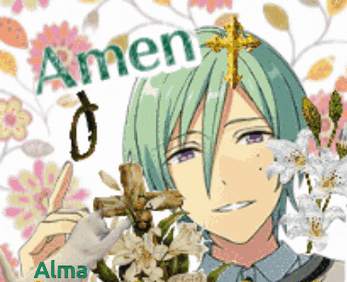 a boy with green hair is holding a cross in front of flowers and the words amen on the bottom
