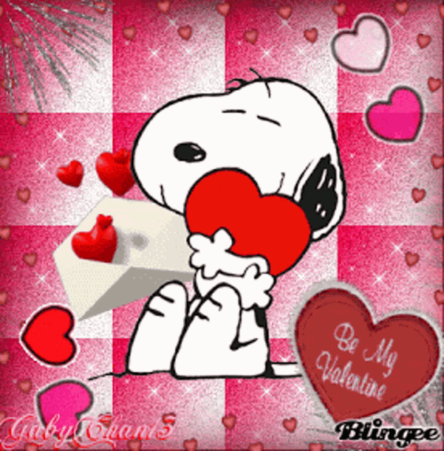 a picture of snoopy holding a heart with the words be my valentine