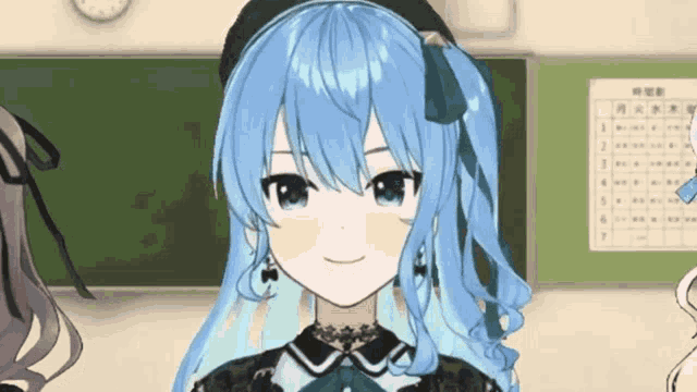 a girl with blue hair is smiling in front of a chalkboard