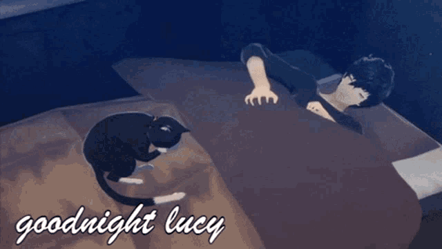 a cat laying on a bed next to a man with the words goodnight lucy on the bottom