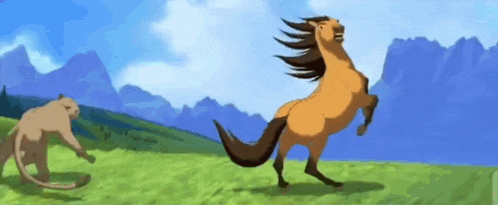 a horse is running in a field with mountains in the background while a panther looks on .