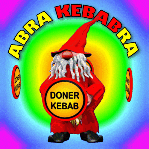 an abra kebabra logo with a gnome holding a doner kebab