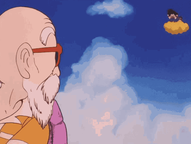 a bald man with glasses and a beard is looking at a cloud in the sky
