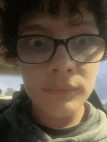 a young man with curly hair wearing glasses and a gray shirt