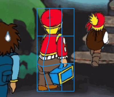 a cartoon drawing of a boy with a blue box