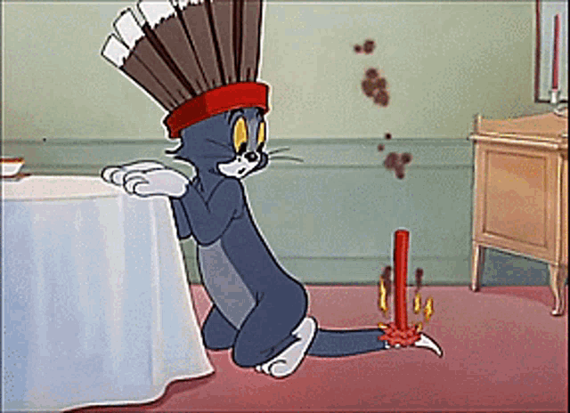 a cartoon of a cat wearing a feathered hat