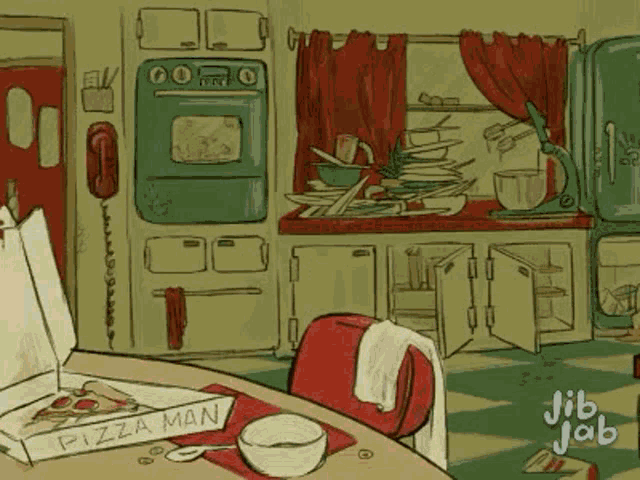 a cartoon drawing of a messy kitchen with a box of pizza man on the table