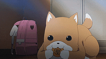 a cartoon dog eating a cookie next to a pink backpack with a heart on it