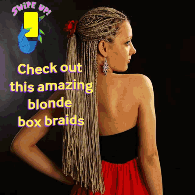 a woman in a red dress with braids and the words check out this amazing blonde box braids swipe up