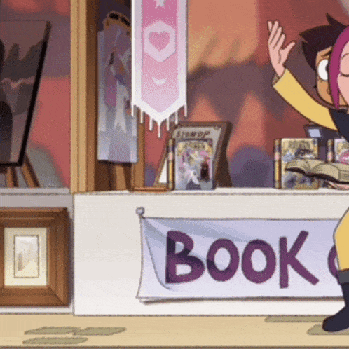 a cartoon character is standing in front of a book stand