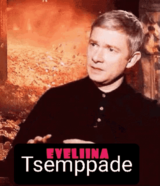 a poster for evelina tsemppade has a man in a black shirt