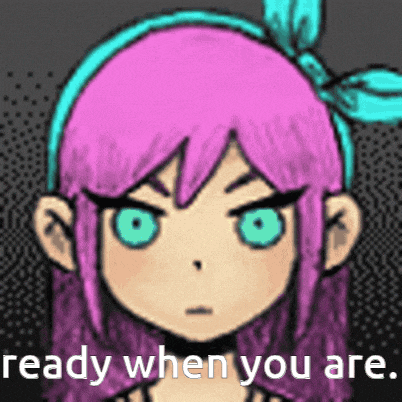 a drawing of a girl with purple hair and green eyes says ready when you are .
