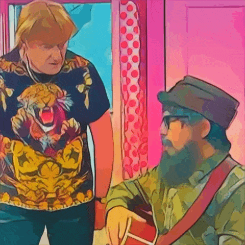 a man with a beard is playing a guitar next to another man
