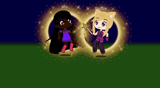 mia and dazzle are standing next to each other on a green field