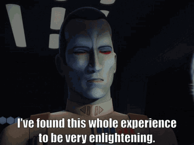 a man with red eyes and the words " i 've found this whole experience to be very enlightening " below him