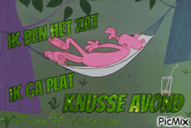 a pink panther laying in a hammock with the words ik ben het zat in green letters