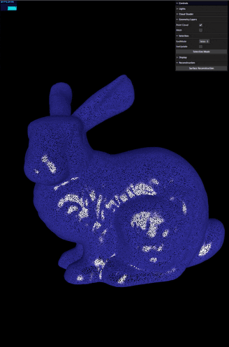a computer screen shows a blue bunny with a yellow spot on its back