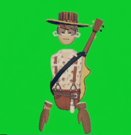 a cartoon character is holding a guitar and wearing a hat and suspenders .
