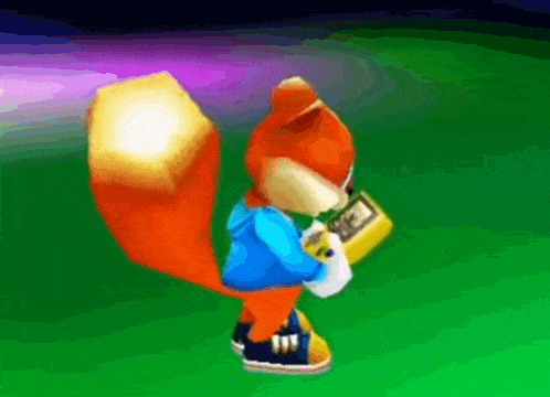 a cartoon squirrel is standing on a green field holding a box and a light .