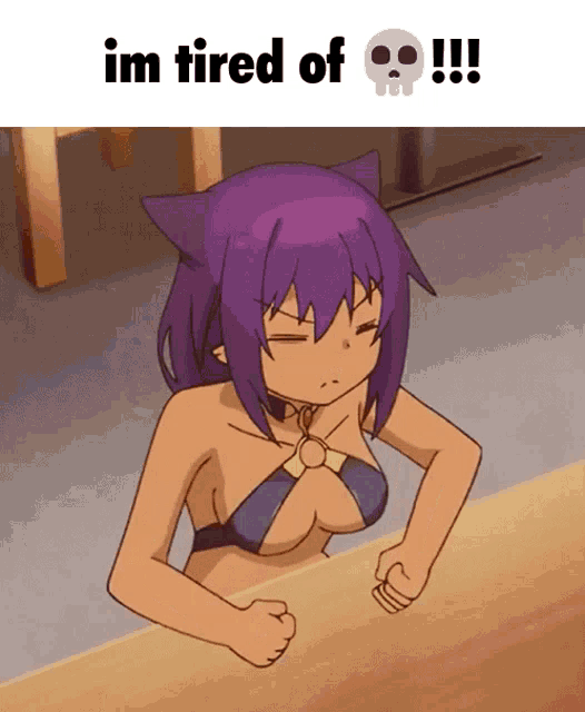 a cartoon girl with purple hair is sitting at a table and says im tired of