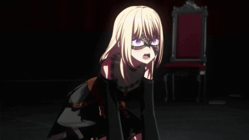 a blonde anime girl wearing a black dress and purple glasses