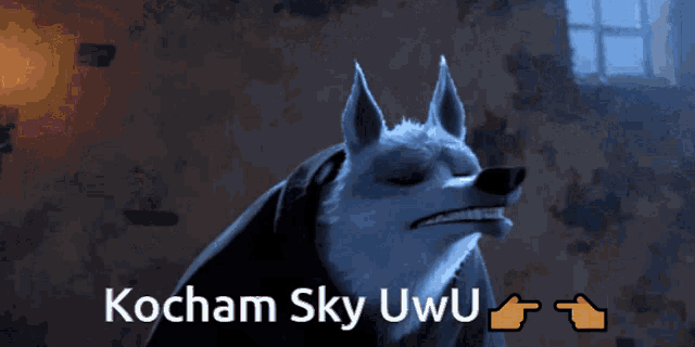 a cartoon wolf with the words kocham sky uwu below it