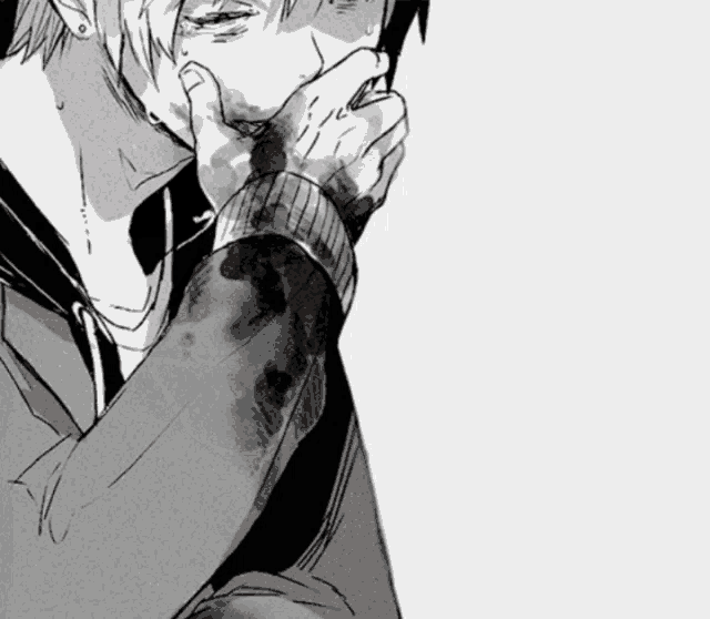 a black and white drawing of a person covering their face