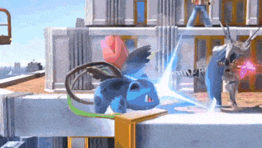 a blue pokemon is fighting another pokemon in a video game while a man stands behind it .