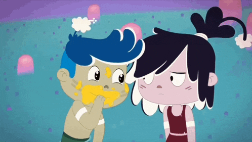 a boy and a girl are standing next to each other and the boy has yellow paint on his face
