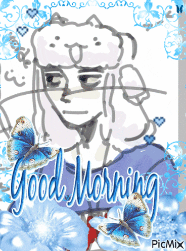 a good morning greeting card with a drawing of a person and butterflies