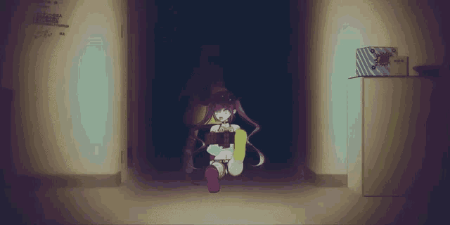 a girl with purple hair is running through a dark hallway with a box on the wall that says ' nintendo ' on it