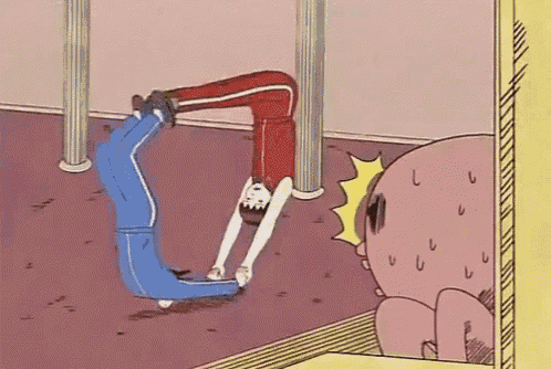 a cartoon of a man doing a handstand on a rope .