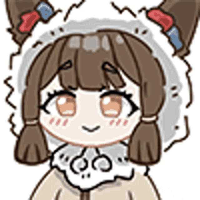 a cartoon girl with brown hair and cat ears is wearing a furry hat and scarf .