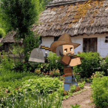 a man in a straw hat is standing in a garden with a shovel