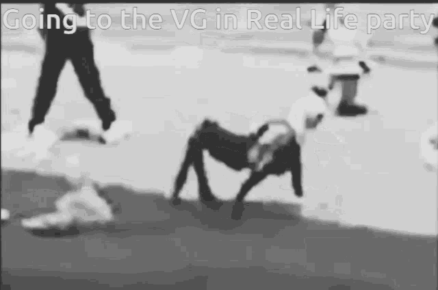 a black and white photo of people and a dog with the caption " going to the vg in real life party "