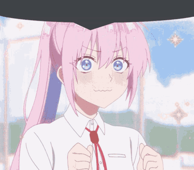 a girl with pink hair and blue eyes is making a funny face