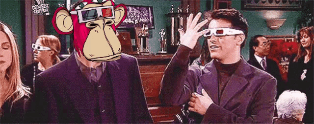 a man wearing 3d glasses stands next to a cartoon monkey