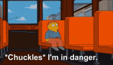 a cartoon character is sitting on a bus and says " chuckles "