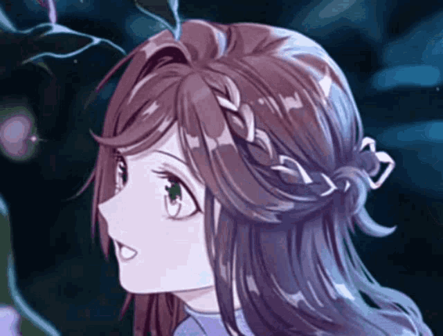 a close up of a girl 's face with a braid in her hair